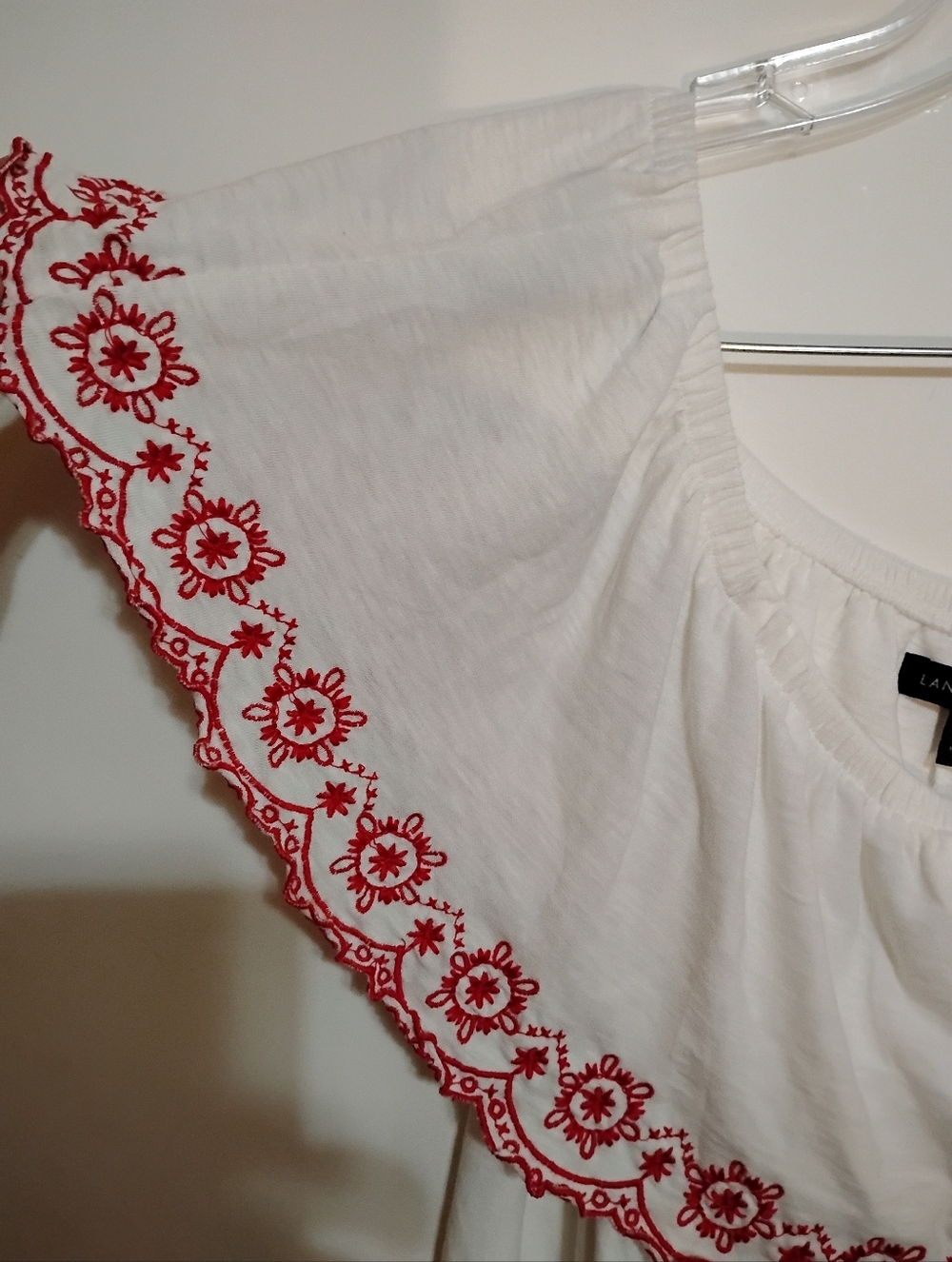 LANE BRYANT White Embroidered Off-Shoulder 60%Cotton FLARE Top Red Trim 14/16 - Picture 6 of 10